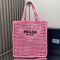Prada 1BG393 Crochet Tote Bag in Raffia with Embroidered Logo Pink