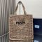 Prada 1BG393 Crochet Tote Bag in Raffia with Embroidered Logo Taupe