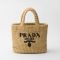 Prada 1BG422 Small Crochet Tote Bag in Raffia Beige/Black