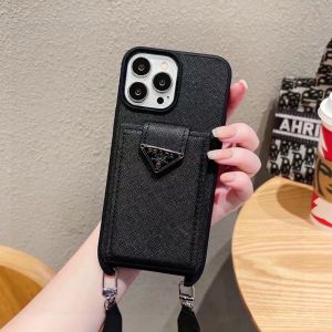 Prada iPhone Case In Saffiano Leather with Shoulder Strap Black