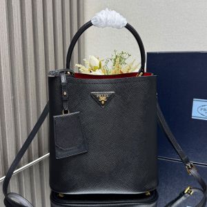 Prada 1BA212 Panier Medium Bag in Saffiano Leather with Leather Key Ring Black/Red