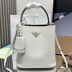 Prada 1BA212 Panier Medium Bag in Saffiano Leather with Leather Key Ring White