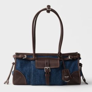 Prada 1BA426 Bonnie Medium Handbag in Denim and Leather Blue/Coffee