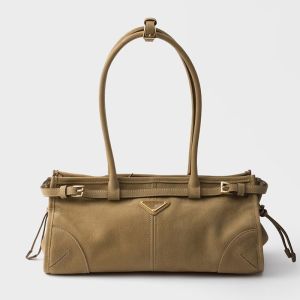 Prada 1BA426 Bonnie Medium Handbag in Nubuck Leather Beige