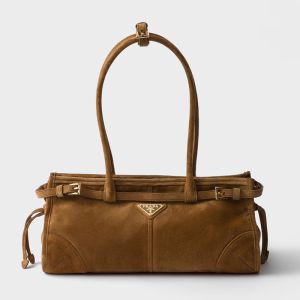 Prada 1BA426 Bonnie Medium Handbag in Suede Camel