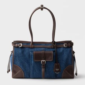 Prada 1BA433 Bonnie Large Handbag in Denim and Leather Blue/Coffee