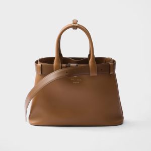 Prada 1BA434 Buckle Medium Handbag with Belt in Leather Brown