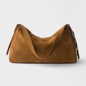 Prada 1BC228 Aimee Large Shoulder Bag in Suede Brown