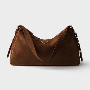 Prada 1BC228 Aimee Large Shoulder Bag in Suede Taupe