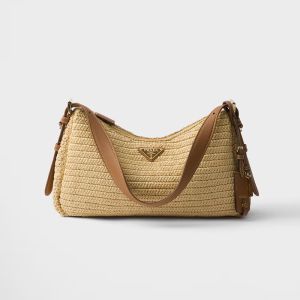 Prada 1BC247 Aimee Large Bag in Raffia and leather Beige