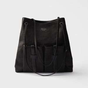 Prada 1BC293 Route Large Tote Bag in Leather Black