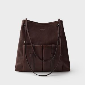 Prada 1BC293 Route Large Tote Bag in Leather Brown