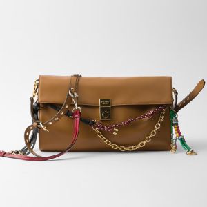 Prada 1BD378 Soft Sound Large Shoulder Bag in Leather with Charms Brown