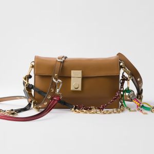 Prada 1BD379 Soft Sound Small Shoulder Bag in Leather with Charms Brown
