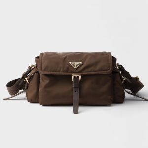 Prada 1BD394 Explore Medium Shoulder Bag with Flap in Re-Nylon Taupe