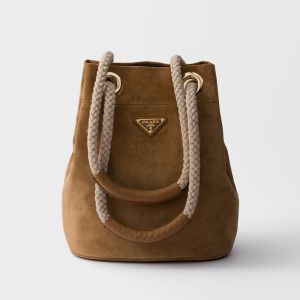 Prada 1BE082 Mariner Small Bucket Bag in Suede Camel