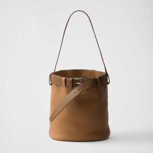 Prada 1BE085 Buckle Bucket Bag with Belt in Leather Brown