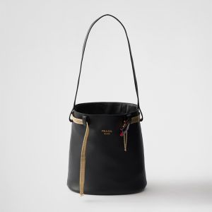 Prada 1BE085 Buckle Bucket Bag with Jeweled Belt in Leather Black