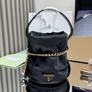 Prada 1BE088 Petit Sac Noir Mini Bucket Bag in Re-Nylon and Nappa Leather Black