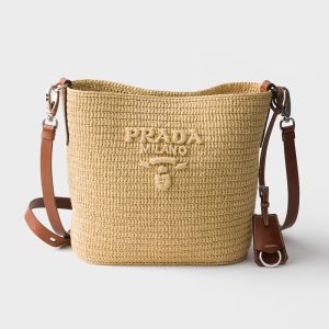 Prada 1BE105 Small Bucket Bag in Raffia and Leather Beige