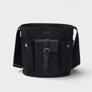 Prada 1BE106 Route Mini Bucket Bag in Canvas and Leather Black