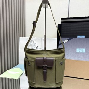 Prada 1BE106 Route Mini Bucket Bag in Canvas and Leather Khaki