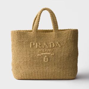 Prada 1BG392 Crochet Tote Bag in Raffia Beige