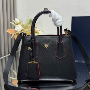 Prada 1BG443 Double Small Bag in Saffiano Leather with Leather Key Ring Black/Red