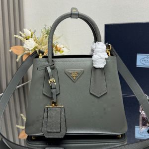 Prada 1BG443 Double Small Bag in Saffiano Leather with Leather Key Ring Grey