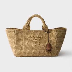 Prada 1BG635 Large Tote Bag in Raffia with Leather Details Beige