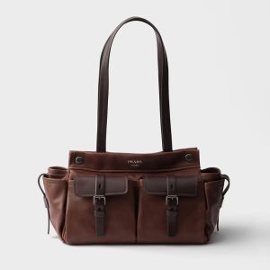 Prada 1BG645 Route Medium Tote Bag in Leather Brown