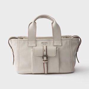 Prada 1BG660 Route Medium Tote Bag in Leather White