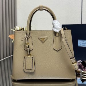Prada 1BG775 Double Large Tote Bag in Saffiano Leather with Leather Key Ring Beige