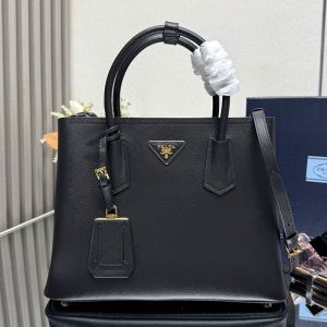 Prada 1BG775 Double Large Tote Bag in Saffiano Leather with Leather Key Ring Black
