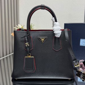 Prada 1BG775 Double Large Tote Bag in Saffiano Leather with Leather Key Ring Black/Red