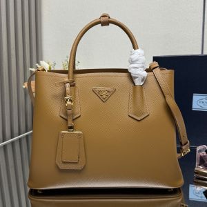 Prada 1BG775 Double Large Tote Bag in Saffiano Leather with Leather Key Ring Brown