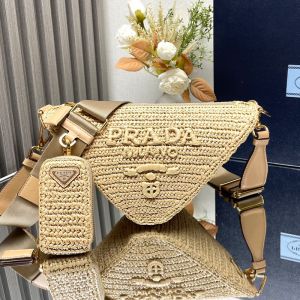Prada 1BH190 Triangle Shoulder Bag in Raffia with Fabric Strap Beige