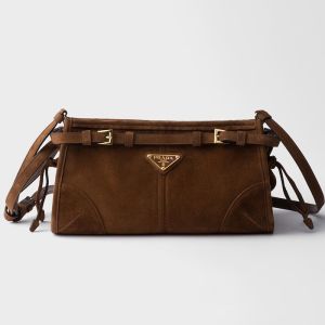 Prada 1BH215 Bonnie Small Shoulder Bag in Suede Brown