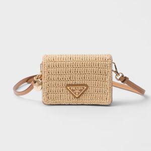Prada 1MR024 Crochet Card Holder in Raffia with Shoulder Strap Beige
