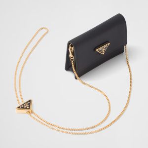 Prada 1MR034 Card Holder in Saffiano Leather with Shoulder Strap Black