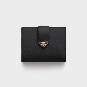 Prada 1MV204 Small Wallet in Saffiano and Smooth Leather Black