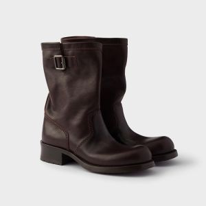 Prada 1U275O Mid-Calf Boots Women Leather Dark Brown