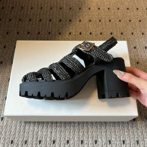 Prada 1X267O Platform Sandals Women Raffia Black