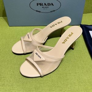 Prada 1XX790 Heeled Slides Women Mesh Fabric Beige