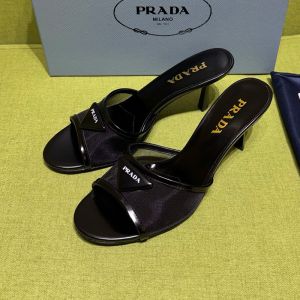 Prada 1XX790 Heeled Slides Women Mesh Fabric Black