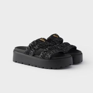 Prada 1XZ795 Matelasse Flatform Slides Women Nappa Leather Black