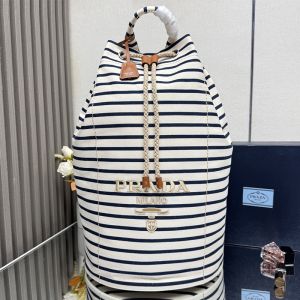 Prada 2VY011 Drawstring Duffle Bag in Striped Canvas Beige/Blue