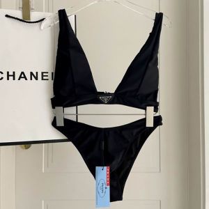 Prada Bikini Women Lycra with Leather Trimmed Triangle Logo Black