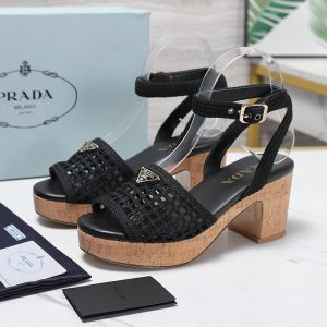 Prada Crochet Platform Sandals Women Cotton and Cork Black