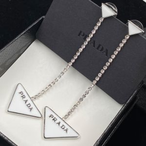 Prada Crystals Chain Enamel Triangle Pendant Earrings In Metal Silver/White